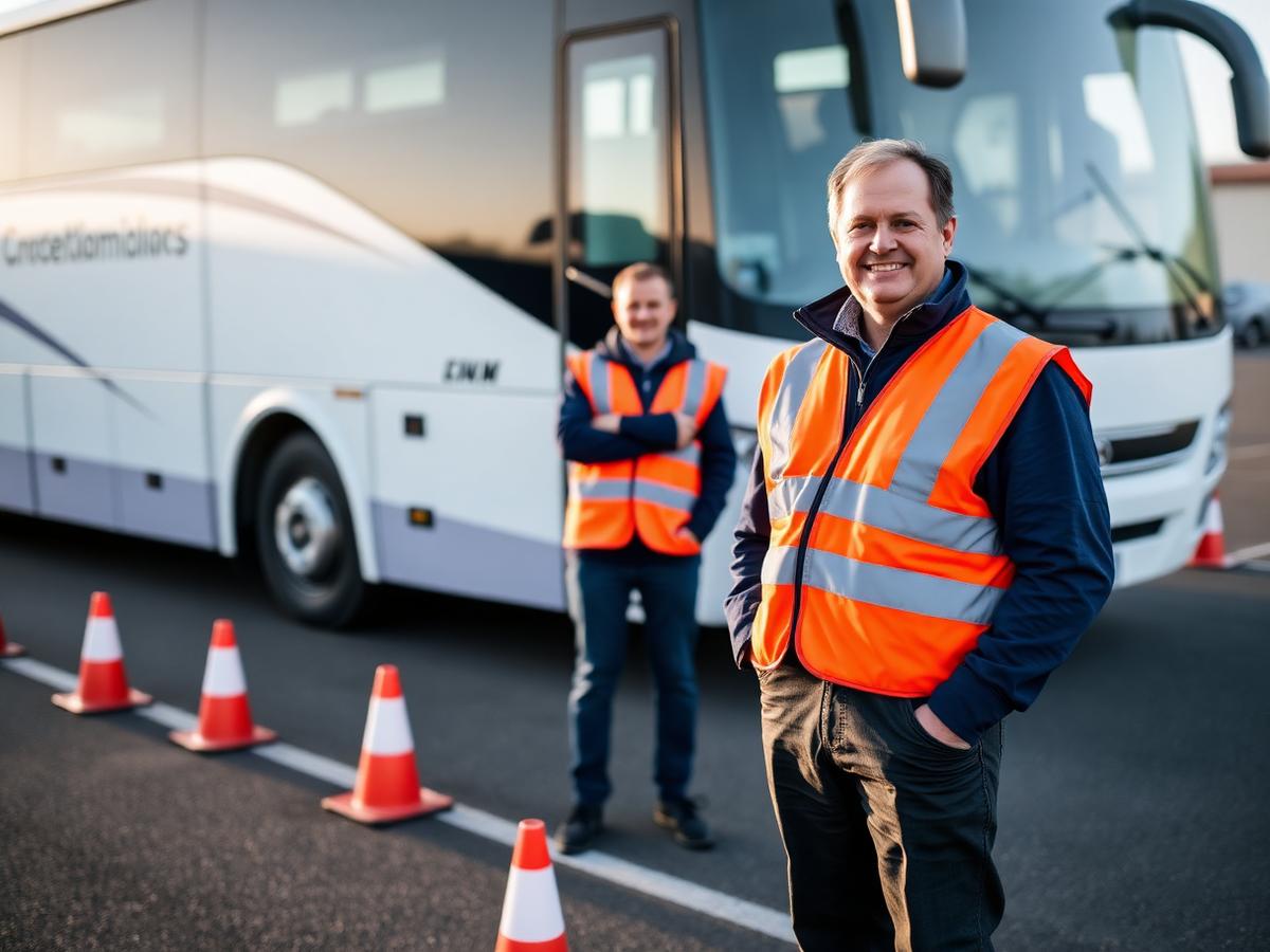 Instructor in a high-visibility vest beside a coach in a training yard